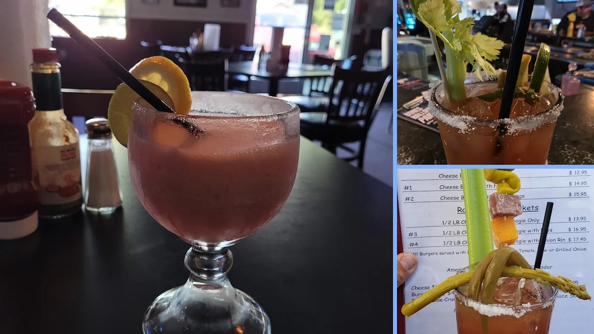 Drinks on a bar near warm wood finishes.
