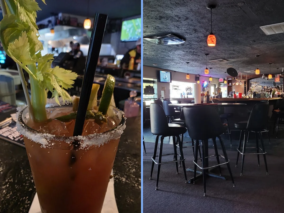 Casual bar seating with tables and stools.