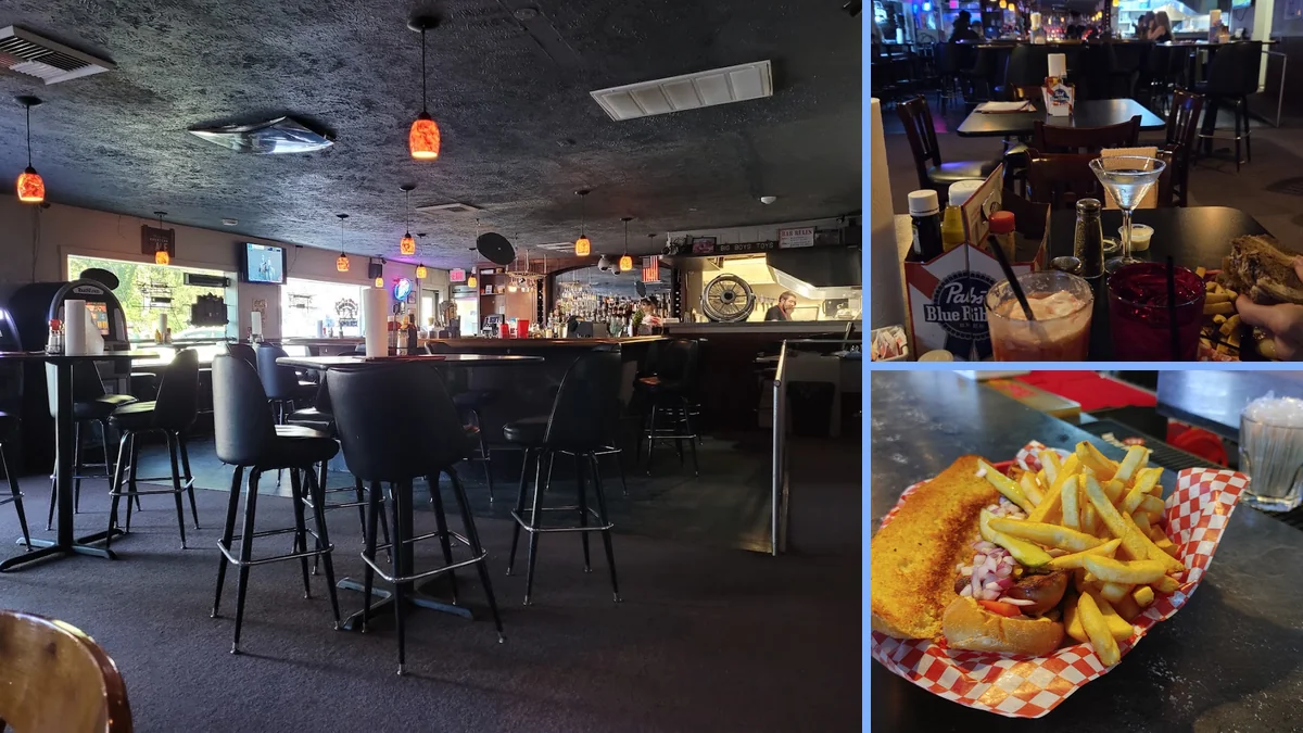 Casual bar seating with tables and stools.